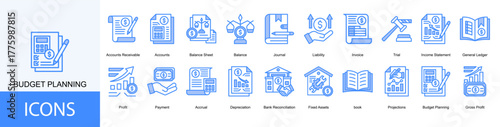 budget planning icon collection set. Containing Balance, Journal, Liability, Invoice, Trial, Income Statement icon