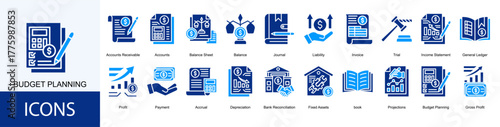 budget planning icon collection set. Containing Balance, Journal, Liability, Invoice, Trial, Income Statement icon