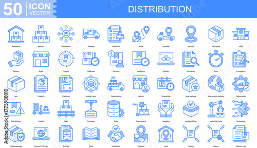 distribution icon collection set. Containing Warehouse, logistics, Shipping, Inventory, Route, Transport icon