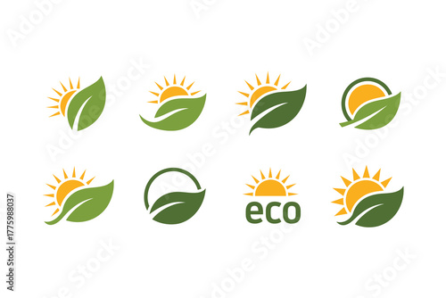 Collection of eco friendly green leaf and sun logo designs.eps