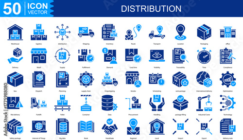 distribution icon collection set. Containing Warehouse, logistics, Shipping, Inventory, Route, Transport icon