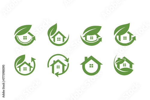 Collection of eco friendly house logos with green leaves and recycling arrows.eps