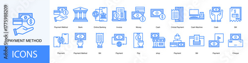 payment method icon collection set. Containing Bank, Online Banking, Invoice, Money, Cash, Online Payment icon