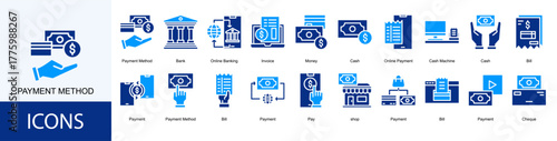 payment method icon collection set. Containing Bank, Online Banking, Invoice, Money, Cash, Online Payment icon