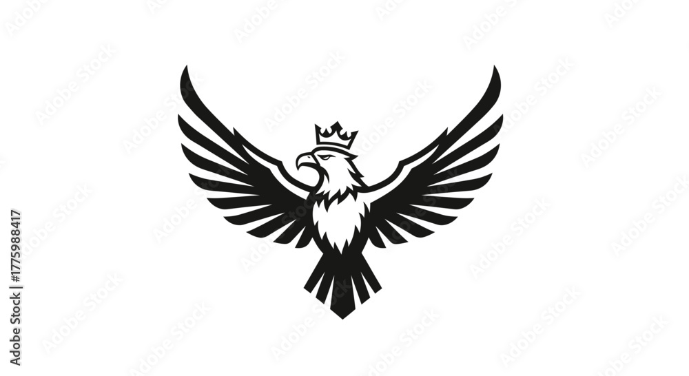Obraz premium Black stylized eagle logo with spread wings wearing a crown flat illustration