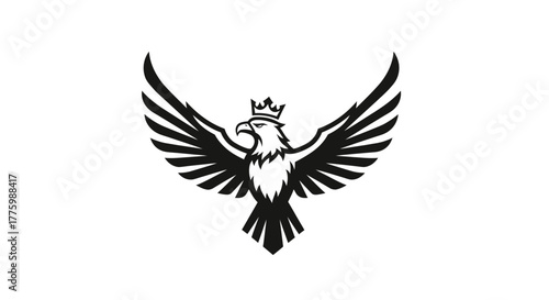 Black stylized eagle logo with spread wings wearing a crown flat illustration