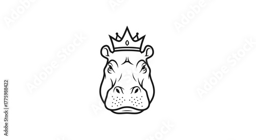 Detailed black and white hippo king mascot head flat illustration