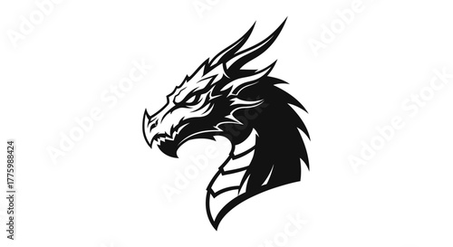 Detailed black mythological dragon head profile isolated flat illustration