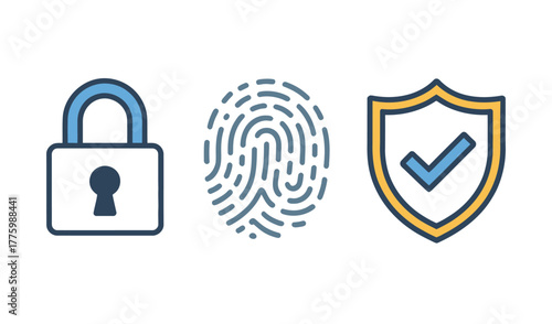 Lock, fingerprint, and shield icons representing data protection, identity verification, and cybersecurity, ideal for website design, app UI, marketing materials, presentations, digital security