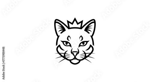 Feline cat face with a small crown isolated on white flat illustration