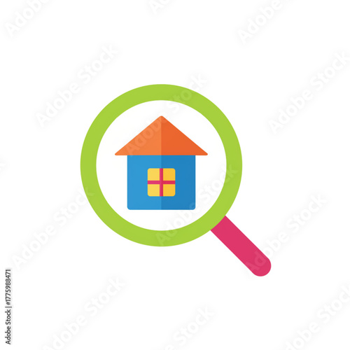 House icon with magnifying glass in flat design style  