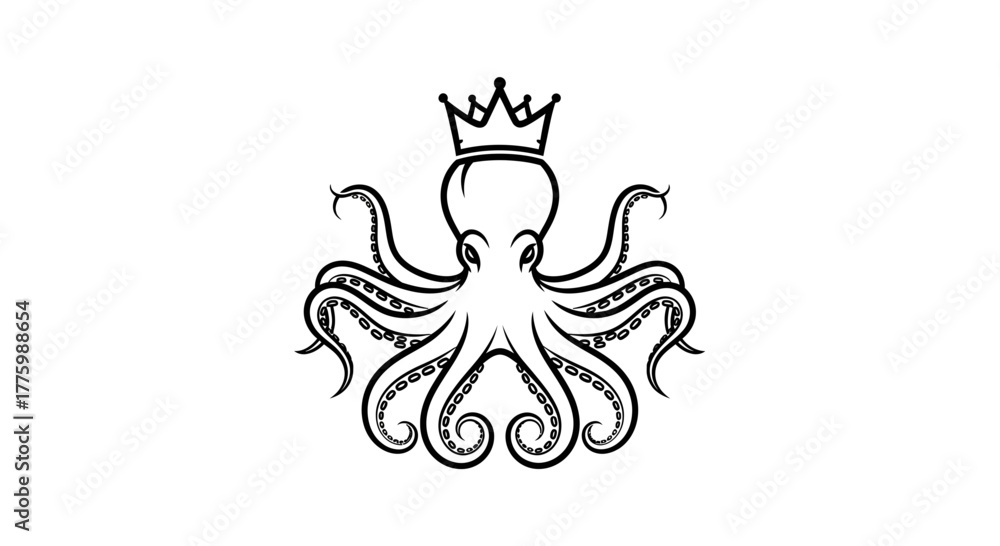 Obraz premium Stylized black octopus mascot wearing a crown flat illustration isolated on white