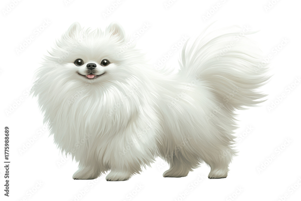 Obraz premium Happy fluffy white Pomeranian dog facing forward 