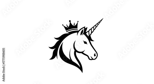Stylized black and white unicorn head logo with a crown flat illustration