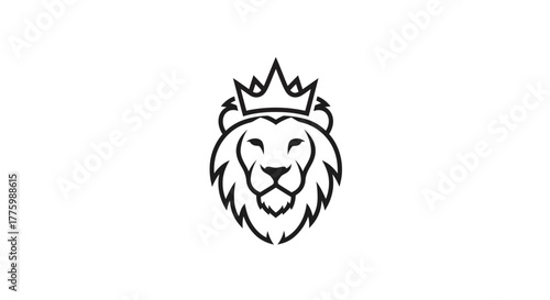 Stylized black line art royal lion mascot with crown flat illustration