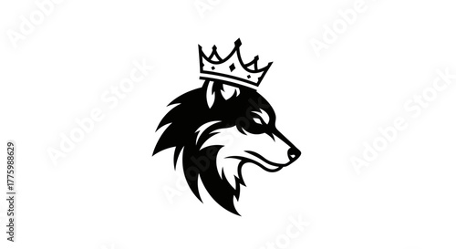 Stylized black wolf head logo wearing a crown on a white background flat illustration