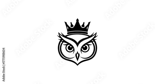 Stylized black owl head wearing a crown vector logo flat illustration