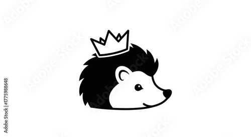 Stylized black hedgehog face with an outline crown flat illustration