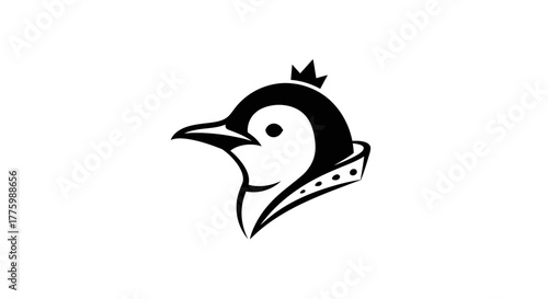 Stylized black penguin head with a crown and collar flat illustration