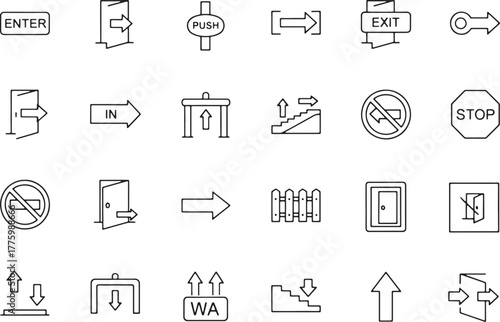 Collection of line art icons for doors, entrances, and exits