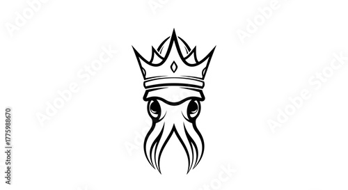 The black line art kraken monster wears a royal crown flat illustration