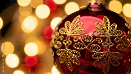 Wallpaper Mural Close-up of a shiny red Christmas ornament with gold filigree against a bokeh background Torontodigital.ca