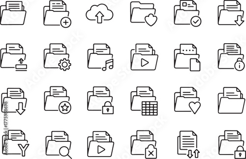 Collection of folder and document icons with various actions and symbols