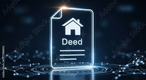 Digital deed document with house icon, for property ownership, real estate transaction, legal agreement, secure digital record keeping in modern technology