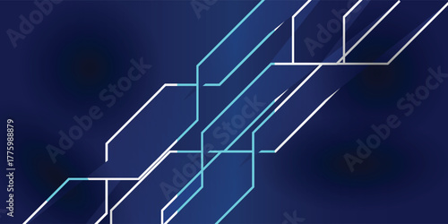 Abstract technological background with a network of intersecting white and light blue geometric lines on a dark blue gradient.