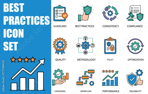 Best Practices and Business Optimization Icon Set, solid vector symbols for workflow, guidelines, performance, standards, improvement, protocols, and methodology