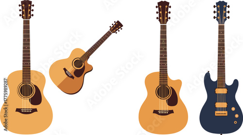 Acoustic and electric guitars collection, musical instrument illustration, classic string guitar art, modern music equipment concept design