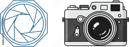 Retro camera with aperture icon, photography equipment illustration, vintage photo device, shutter design concept, professional camera art