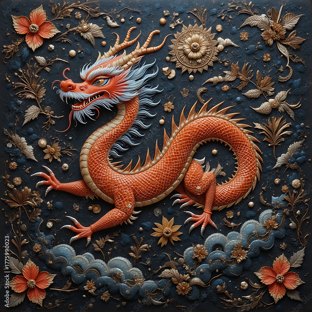 Fototapeta premium Celestial Dragon's Dance: An elaborate dragon design featuring a majestic creature, intricately adorned with detailed textures. A visual spectacle that embodies mythic beauty and celestial grace.