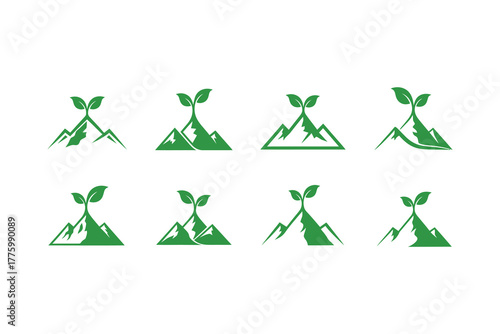 Collection of green mountain peaks with growing sprouts and leaves.eps
