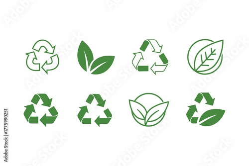 Collection of green recycling symbols and leaf icons for eco friendly concepts.eps