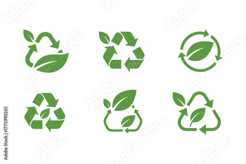 Collection of green recycling symbols with leaves for eco friendly concepts.eps