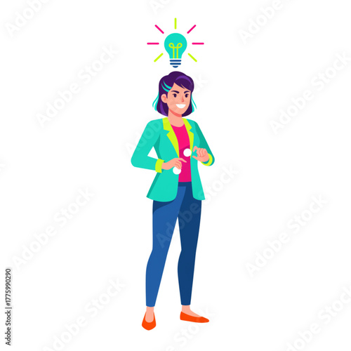 Confident woman with light bulb above her head in business attire  