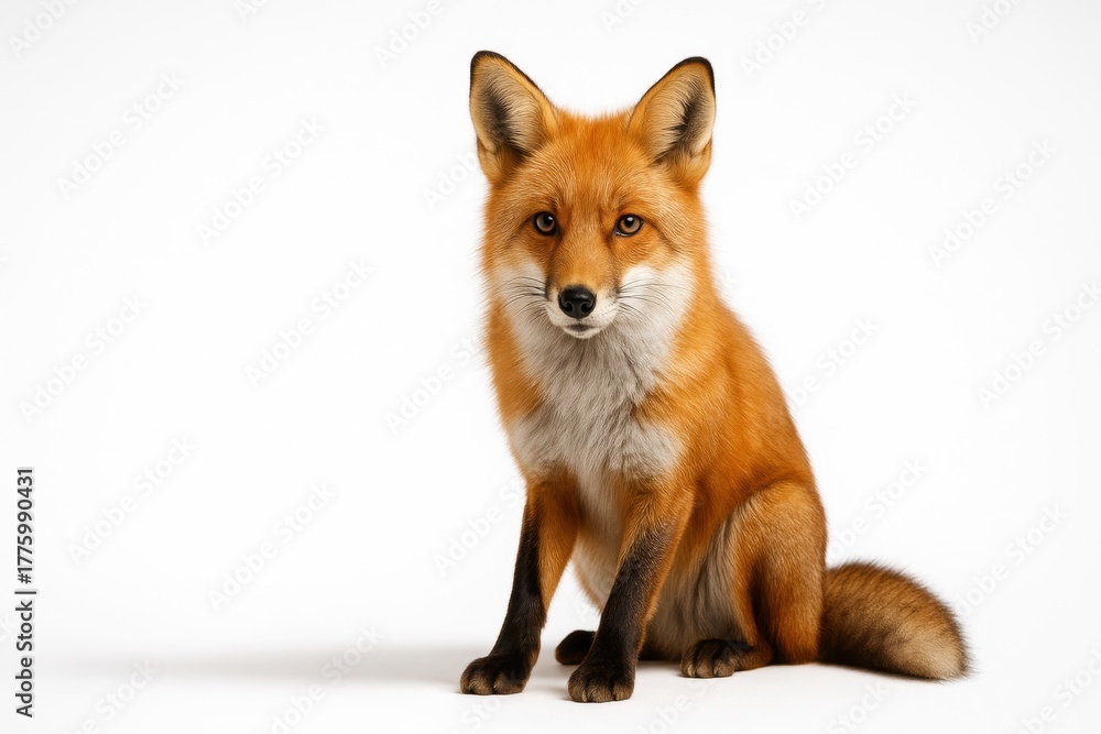 Obraz premium Red fox seated three quarter angle with ears forward and head slightly tilted calm wildlife studio on white
