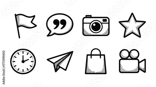 Hand Drawn Icon Set for Social Media and Creative Marketing Projects like Blogs, Websites, and Presentations with Flag, Quote, Camera, Star, and More