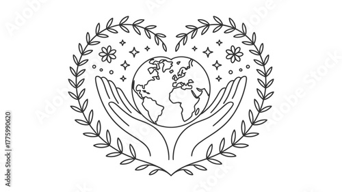 Hands carefully cradle the earth, surrounded by a heart shaped wreath, conveying a message of love, protection, and environmental awareness today