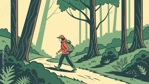 Person Hiking in Dense Forest Vector Illustration 