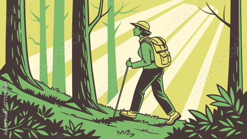 Person Hiking in Dense Forest Vector Illustration 