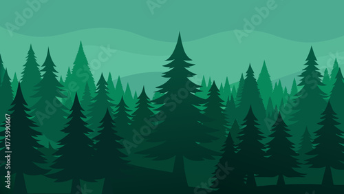 Moody Forest Illustration with Layered Pine Silhouettes