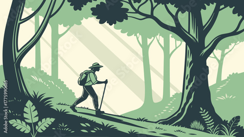Person Hiking in Dense Forest Vector Illustration 