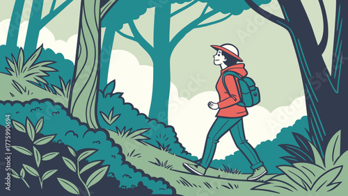 Person Hiking in Dense Forest Vector Illustration 