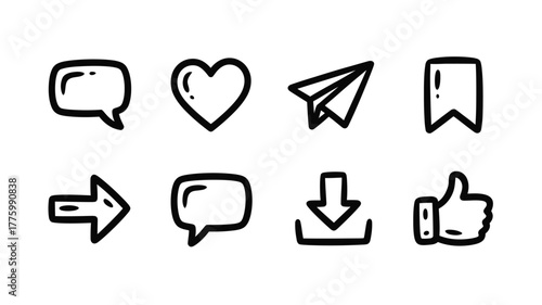 Engaging social media icons for modern marketing campaigns, perfect for boosting online presence and driving user interaction, a vibrant set of hand drawn elements