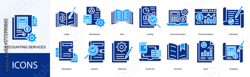 accounting services icon collection set. Containing Ledger, Bookkeeping, Book, Auditing, Accounting System, Financial Analytics icon