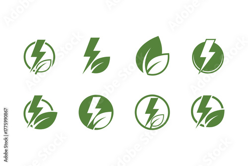Green energy lightning bolt and leaf logo icons set.eps