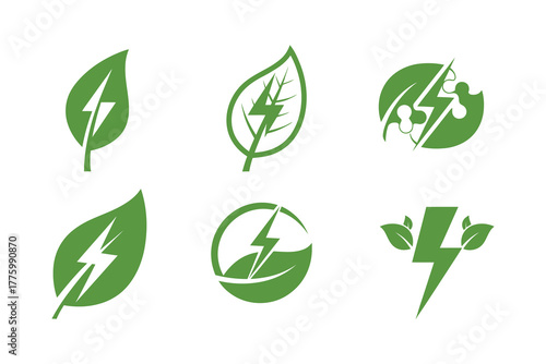 Green energy symbols with leaves and lightning bolts.eps