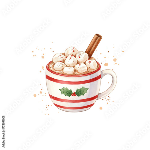 Christmas Hot Cocoa Mug Clipart | Watercolor Holiday Drink with Marshmallows PNG

